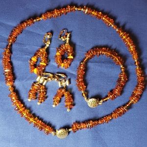 Amber Necklace Bracelet and Two Earring Parure Set